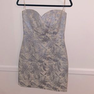 Strapless Floral Metallic Blue and Beige Semi Formal Dress
